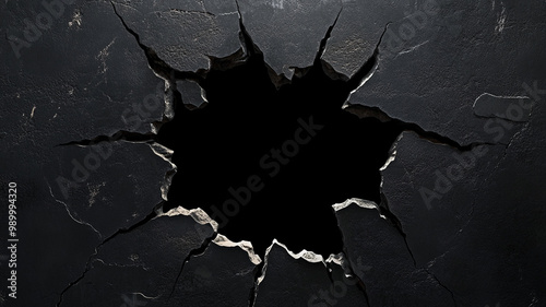 cracked wall reveals deep black background, creating striking visual effect. jagged edges enhance sense of depth and intrigue photo