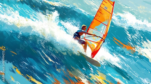 Windsurfing on a Blue Ocean Wave
