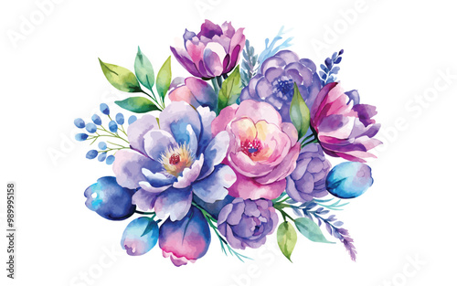 watercolor bouquet of flowers with blue and purple on a white background