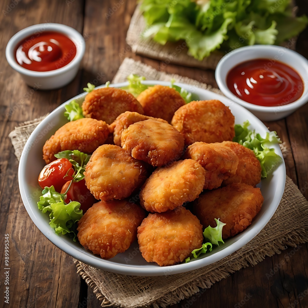 Delicious fresh Chicken Nuggets assortment with Tomato Sauce with some salad served, Chicken nuggets with crispy meat snack, Chicken nuggets made at home Delicious fresh Chicken Nuggets assortment with Tomato Sauce with some salad served, Chicken nuggets with crispy meat snack, Chicken nuggets made at home