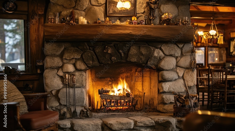 Stone fireplace in a mountain lodge, with flames flickering and a warm, inviting atmosphere. Stone fireplace in a mountain lodge, with flames flickering and a warm, inviting atmosphere.