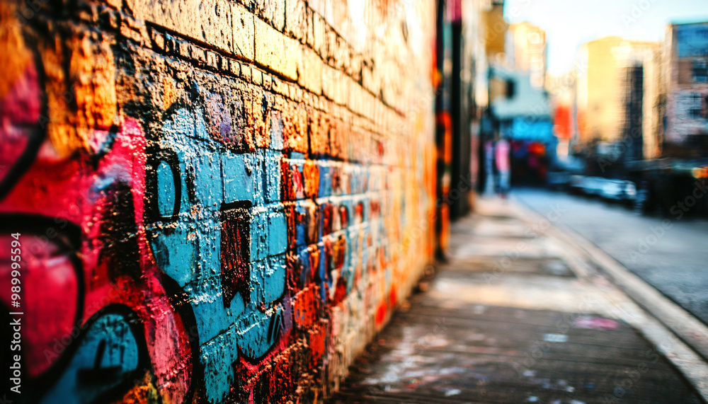 Naklejka premium A graffiti-covered urban wall, showcasing vibrant colors, bold lines, and an edgy, artistic vibe