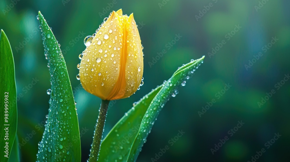 Single yellow tulip with morning dew, adding a fresh and delicate touch. Single yellow tulip with morning dew, adding a fresh and delicate touch.