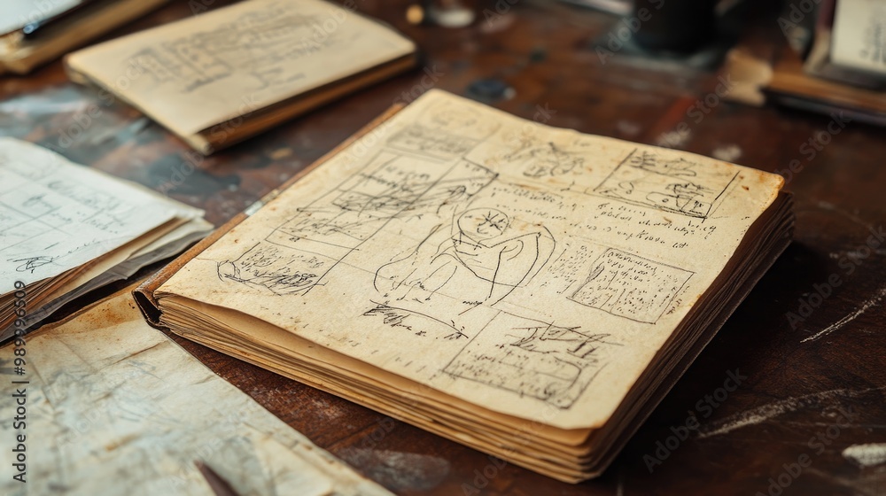 Obraz premium Vintage paper with hand-drawn sketches, reminiscent of a historical s notebook.