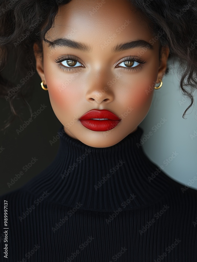 A woman with dark curly hair and red lipstick looks directly at the camera A woman with dark curly hair and red lipstick looks directly at the camera