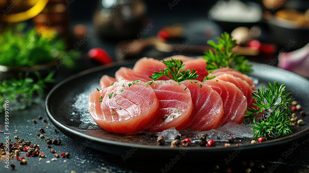 Colorful fresh salmon fillet with herbs and spices. Salmon and vegetables. Raw fish fillet. Healthy Food. Fresh meat for a sashimi plate with herbs. Salmon fish Colorful fresh salmon fillet with herbs and spices. Salmon and vegetables. Raw fish fillet. Healthy Food. Fresh meat for a sashimi plate with herbs. Salmon fish