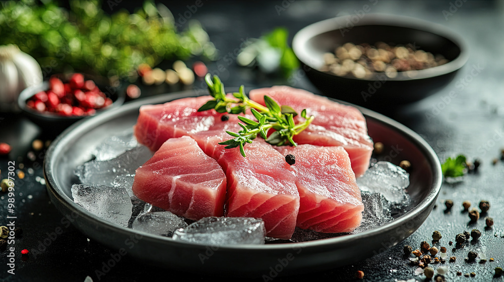 Colorful fresh salmon fillet with herbs and spices. Salmon and vegetables. Raw fish fillet. Healthy Food. Fresh meat for a sashimi plate with herbs. Salmon fish