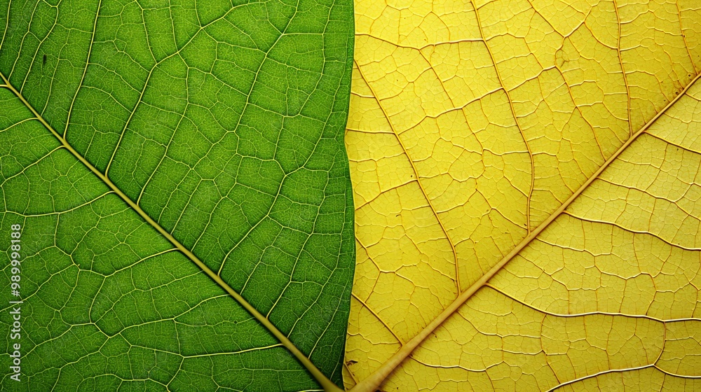 Obraz premium Contrast of green and yellow leaves showcasing seasonal change in nature