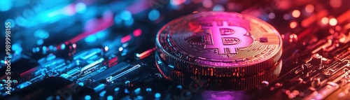 Close-up shot of a digital coin, illuminated by vibrant neon lights, showcasing intricate details and textures photo