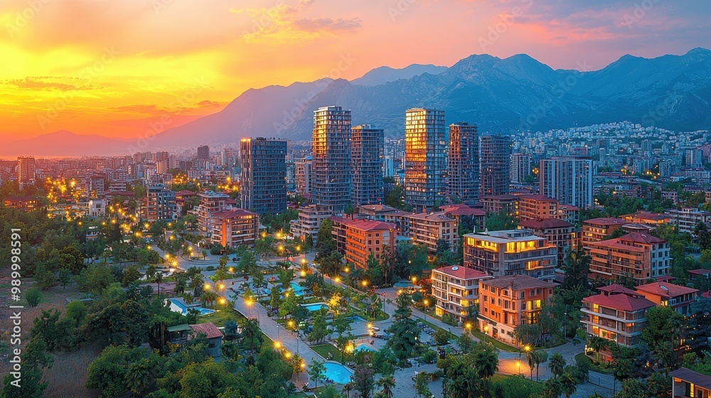 Obraz premium Cityscape with Mountains and Sunset Urban Skyline Aerial View Twilight Sky Golden Hour Modern Architecture Buildings and Houses City Lights