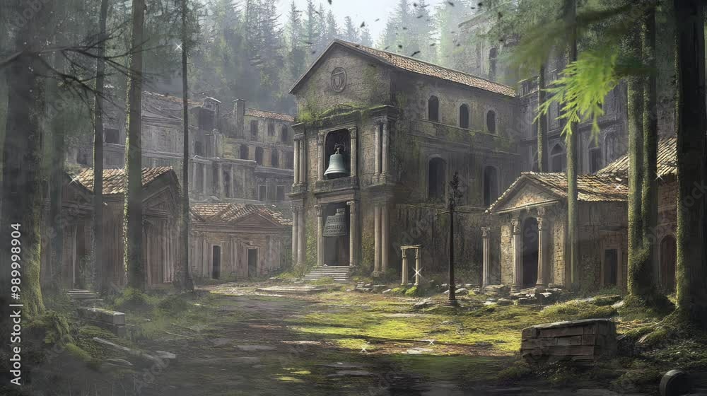 a ruined city in a forest. a ruined city in a forest.