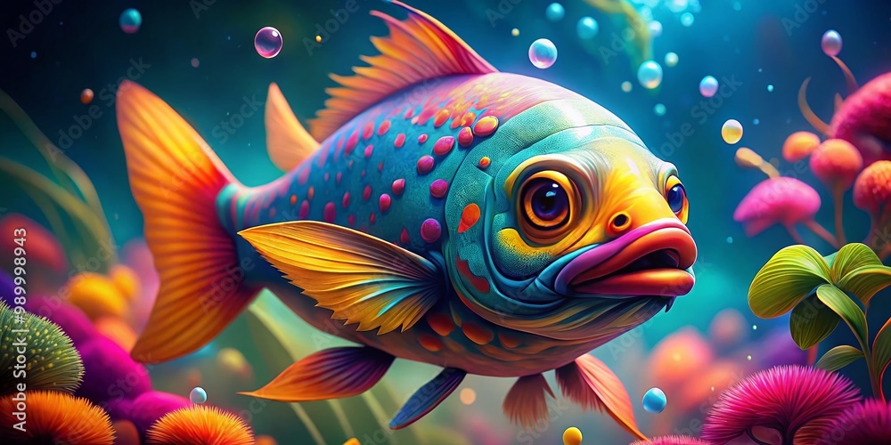 Uniquely Whimsical Fish with a Moustache Swimming in Vibrant Underwater Scene Perfect for Illustrations Uniquely Whimsical Fish with a Moustache Swimming in Vibrant Underwater Scene Perfect for Illustrations