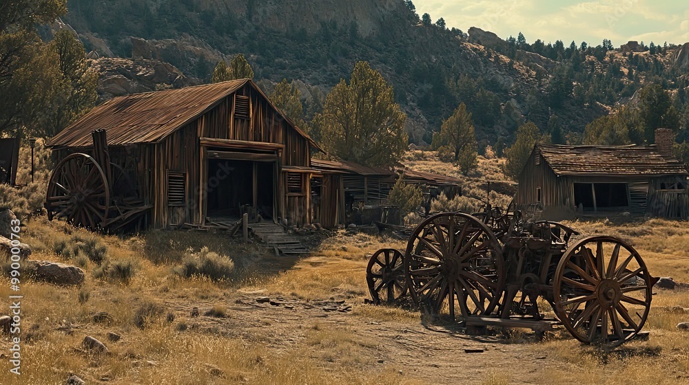 Fototapeta premium Abandoned Wooden Wagon Wheels and Buildings in a Rural Setting