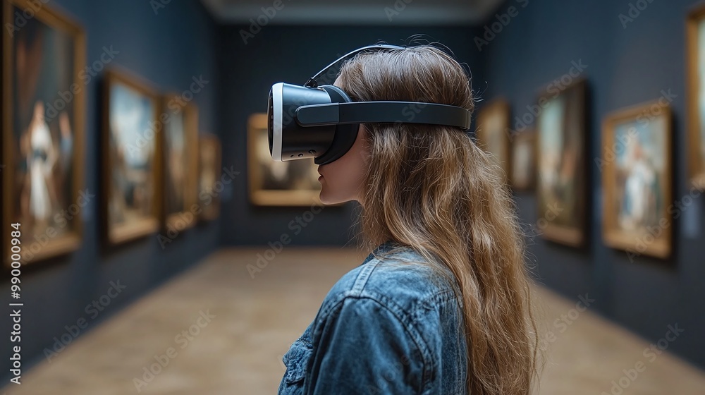 young woman using a virtual reality headset to embark on a virtual museum tour, visualizing an art gallery filled with paintings, blending technology and cultural experience seamlessly young woman using a virtual reality headset to embark on a virtual museum tour, visualizing an art gallery filled with paintings, blending technology and cultural experience seamlessly