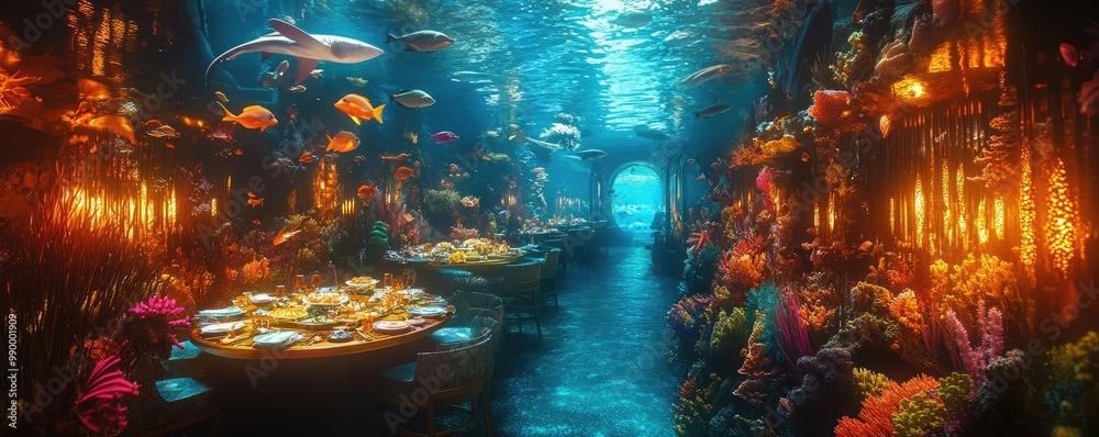 Fototapeta premium Long shot of a surreal culinary art festival, underwater banquet with fish serving dishes, vibrant marine colors, floating tables