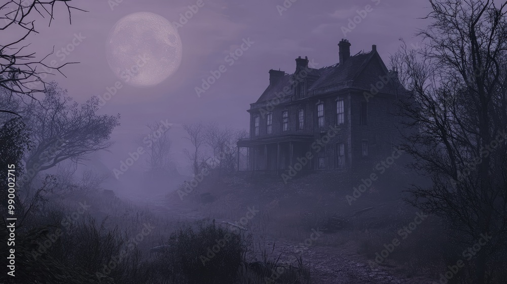 A foggy, moonlit night with an old, abandoned mansion in the distance, surrounded by eerie mist. A foggy, moonlit night with an old, abandoned mansion in the distance, surrounded by eerie mist.