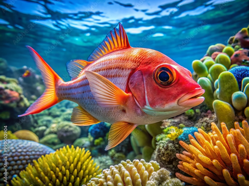 Vibrant Alfonsino Fish Swimming in Crystal Clear Ocean Waters with Coral Reef Background Vibrant Alfonsino Fish Swimming in Crystal Clear Ocean Waters with Coral Reef Background