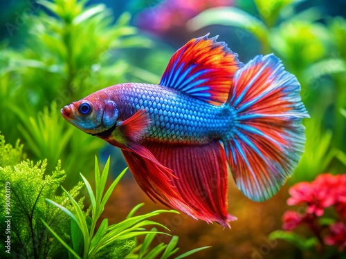 Vibrant and Colorful Betta Fish Swimming Gracefully in Crystal Clear Water with Lush Aquatic Plants