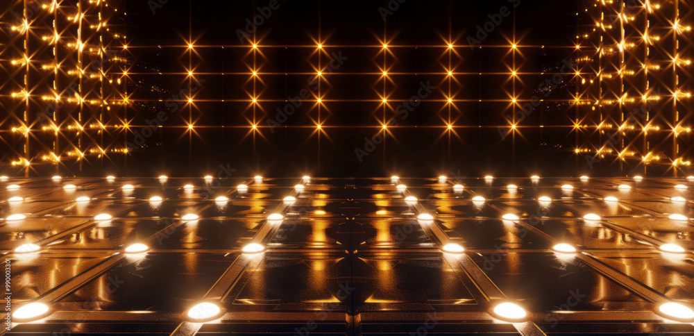 A digital background with golden lights and LED panels on the ground in a symmetrical composition with copy space. A digital background with golden lights and LED panels on the ground in a symmetrical composition with copy space.