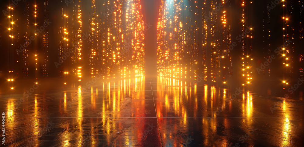 Obraz premium A digital background with gold light and LED lights on an empty stage, creating a futuristic atmosphere for virtual shows.