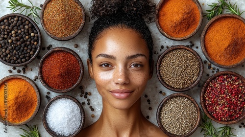 Spices  Salt  and Rosemary Surrounding a Woman s Face photo