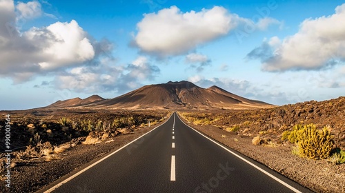 Image related to unexplored road journeys and adventures.Road through the scenic landscape to the destination in the beautiful Lanzarote natural park