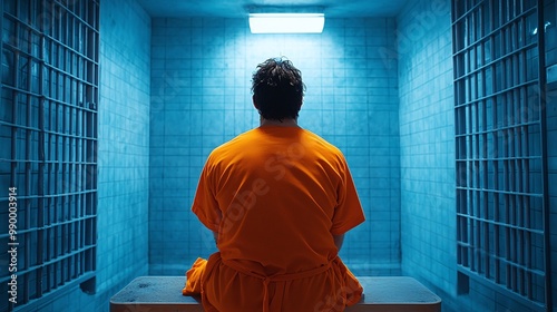 solitary figure of a man in an orange jumpsuit seated on a prison cell bench, back view capturing the essence of confinement, emotional turmoil, and the stark reality of incarceration