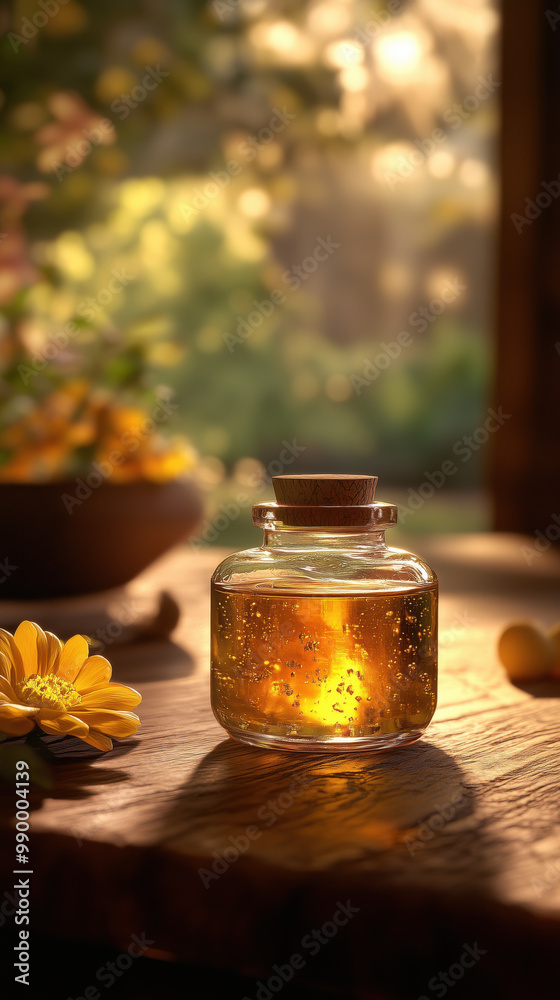 beautifully lit glass jar filled with golden liquid, surrounded by flowers beautifully lit glass jar filled with golden liquid, surrounded by flowers