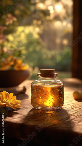 beautifully lit glass jar filled with golden liquid, surrounded by flowers