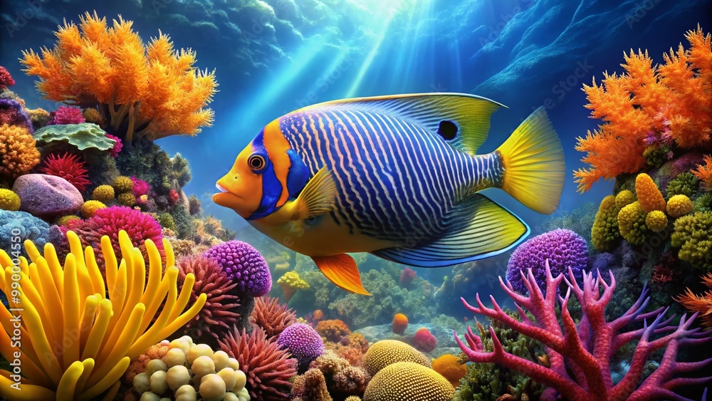 Fototapeta premium Vibrant Angelfish Swimming Gracefully in a Colorful Coral Reef Underwater Ecosystem Environment