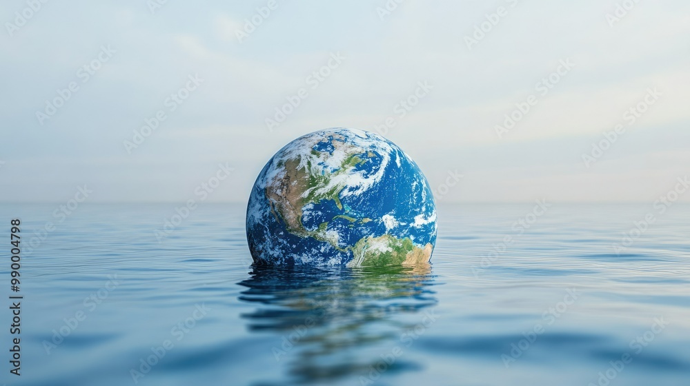 A globe half-submerged in water, representing the environmental impacts of climate change on the world. A globe half-submerged in water, representing the environmental impacts of climate change on the world.