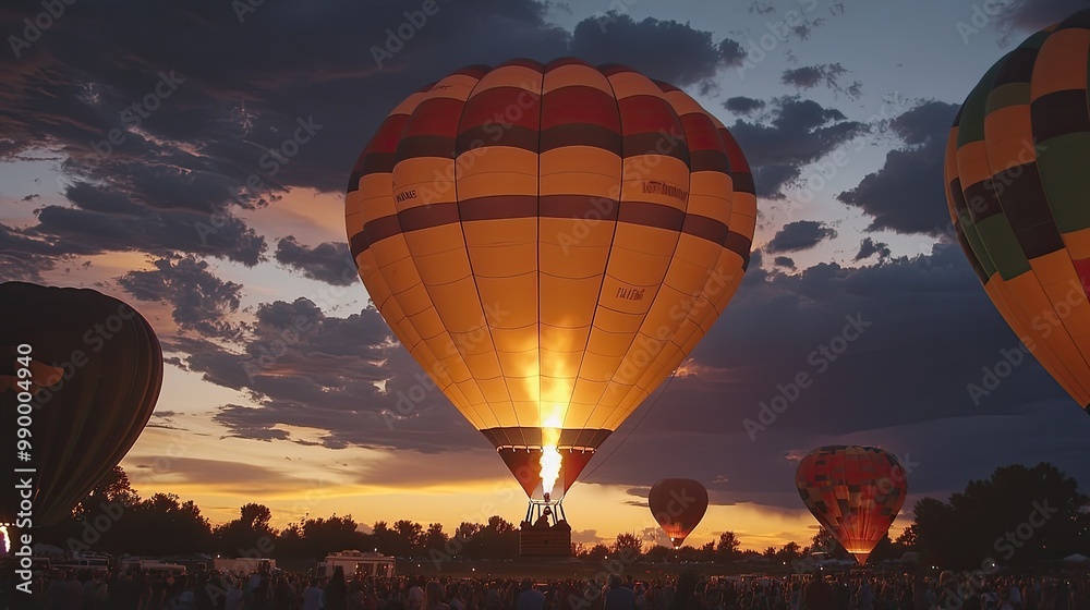 Obraz premium A glowing hot air balloon during the evening Balloon Glow event at the Albuquerque International Balloon Fiesta.