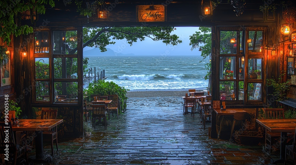 Obraz premium Coastal Cafe View with Stormy Sea and Wet Stone Floor