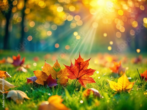 Vibrant Autumn Leaves Scattered on Fresh Green Grass Creating a Nature Inspired Landscape Scene