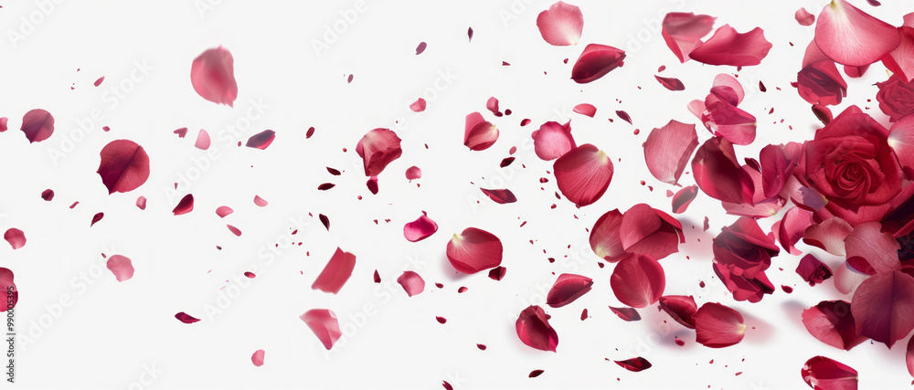 Rose petals falling down on a white background, with aesthetic style and pastel colors, wide angle lens, professional color grading, and white space around the edges.