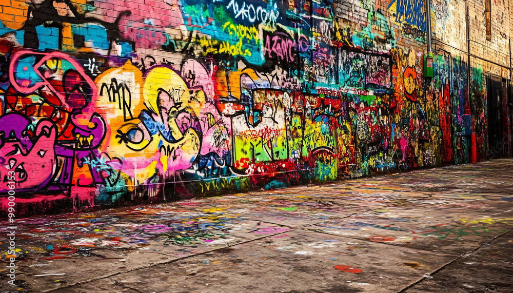 Fototapeta premium A graffiti-covered urban wall, showcasing vibrant colors, bold lines, and an edgy, artistic vibe