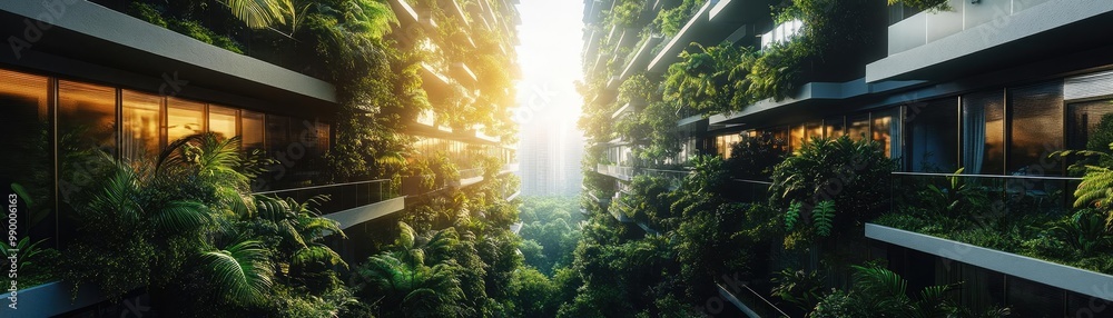 Tilted angle view of lush gardens, vibrant plants intertwine with futuristic architecture, harmony in sustainability Tilted angle view of lush gardens, vibrant plants intertwine with futuristic architecture, harmony in sustainability