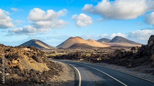 Image related to unexplored road journeys and adventures.Road through the scenic landscape to the destination in the beautiful Lanzarote natural park