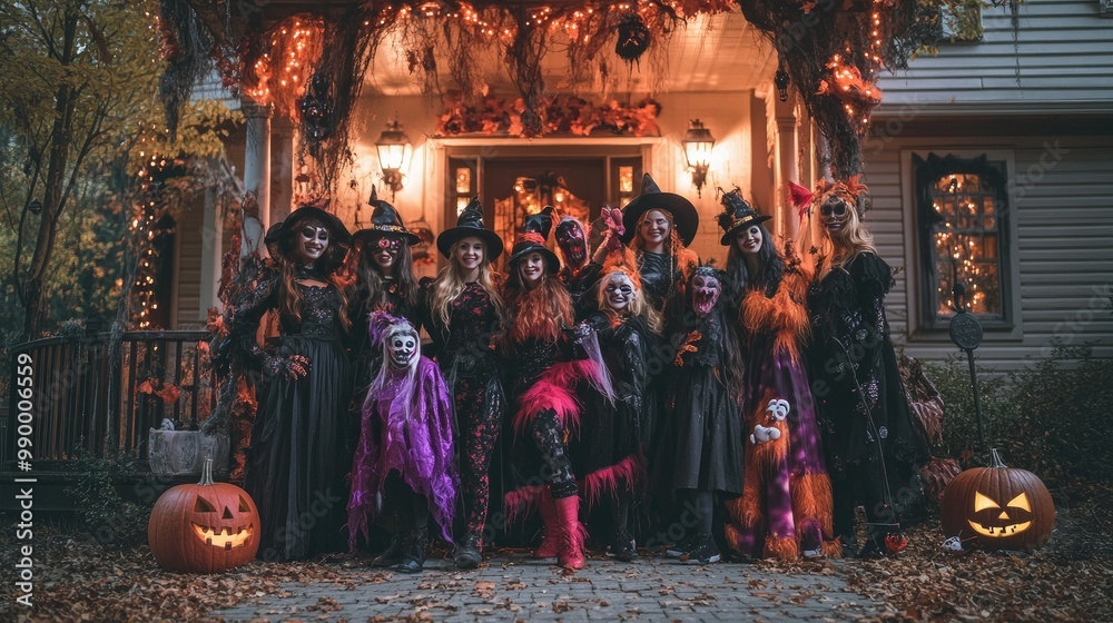 Naklejka premium A group of friends in Halloween costumes posing for a photo in front of a decorated house.