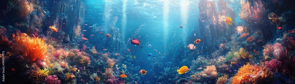 Fototapeta premium Underwater exploration revealing ancient sunken castles, colorful fish dancing among enchanted artifacts, captivating serenity