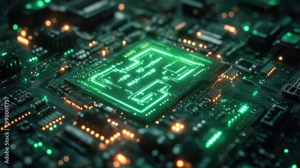 Circuit Board with Glowing Green Lines Circuit Board with Glowing Green Lines