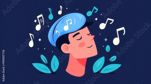 Music notes circling head, earworm rhythm on loop, flat design illustration photo