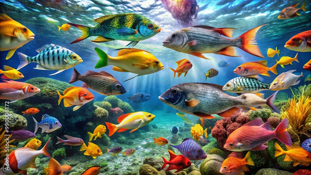 Naklejka premium Vibrant Collection of Various Freshwater and Saltwater Fish Swimming Together Underwater Scene