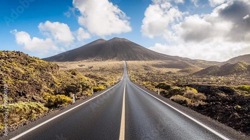 Image related to unexplored road journeys and adventures.Road through the scenic landscape to the destination in the beautiful Lanzarote natural park