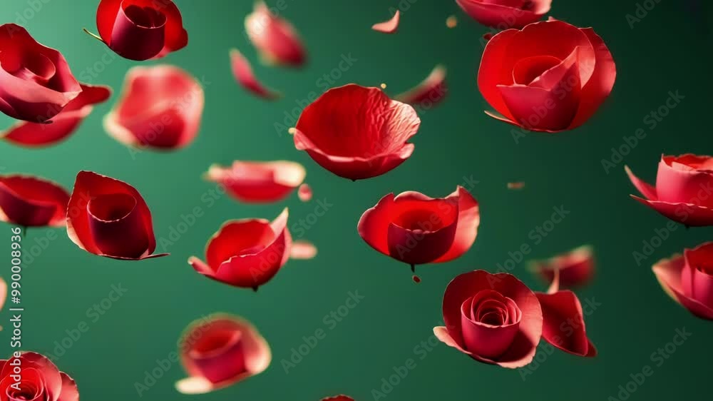 Red roses and petals are slowly rotating and falling down on a green screen background. Perfect for compositing in your videos Red roses and petals are slowly rotating and falling down on a green screen background. Perfect for compositing in your videos