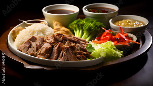 fried pork with rice and vegetables