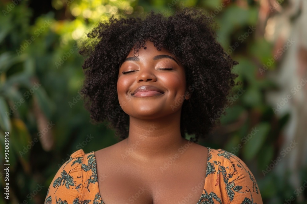 Joyful woman enjoying tranquility in a lush garden Joyful woman enjoying tranquility in a lush garden