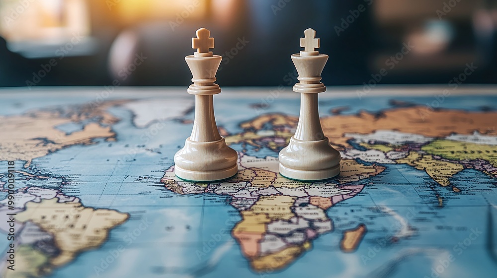 chess pieces on a world map symbolizing geopolitics, representing the discussions and movements between countries and continents in a strategic and diplomatic context chess pieces on a world map symbolizing geopolitics, representing the discussions and movements between countries and continents in a strategic and diplomatic context