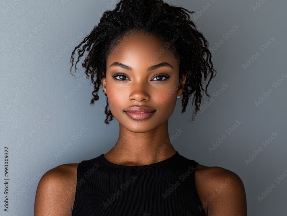 Confident young woman with natural hairstyle against gray backdrop Confident young woman with natural hairstyle against gray backdrop