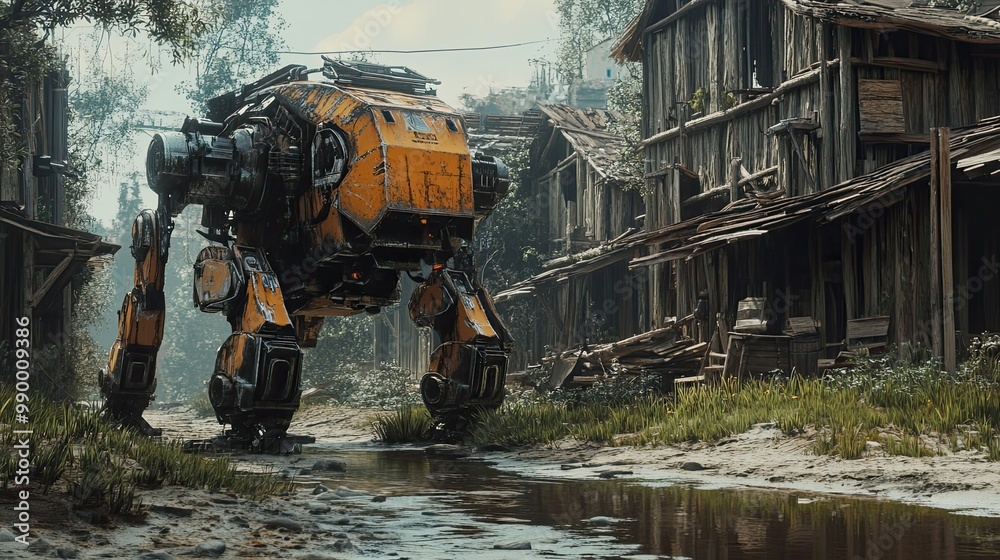 A Rusty Yellow Mech Walking Through a Post-Apocalyptic Village A Rusty Yellow Mech Walking Through a Post-Apocalyptic Village
